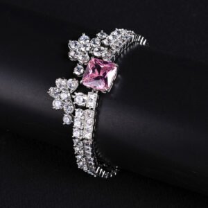 Wholesale Crown Zircon Bracelet with square princess cut centerpiece and CZ flower clusters on platinum plated copper from JuneJewelry.com