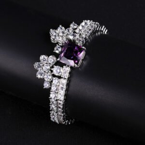 Wholesale Crown Zircon Bracelet with square princess cut centerpiece and CZ flower clusters on platinum plated copper from JuneJewelry.com