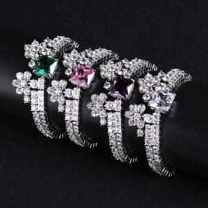 Wholesale Crown Zircon Bracelet with square princess cut centerpiece and CZ flower clusters on platinum plated copper from JuneJewelry.com