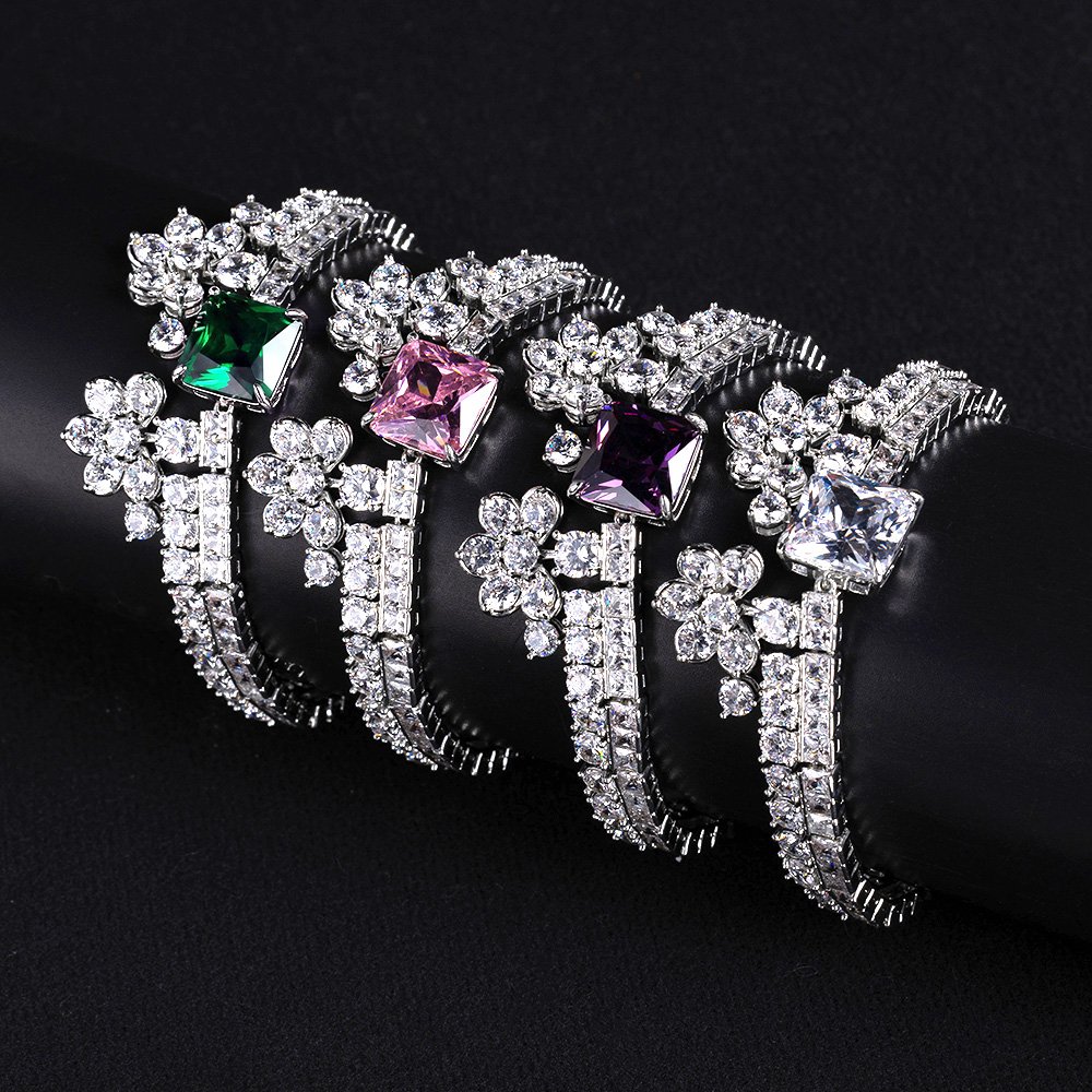 LYSL30589.180.G Wholesale Crown Zircon Bracelet with square princess cut centerpiece and CZ flower clusters on platinum plated copper from JuneJewelry.com