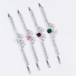 Wholesale Crown Zircon Bracelet with square princess cut centerpiece and CZ flower clusters on platinum plated copper from JuneJewelry.com