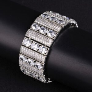 Wholesale Chunky Zircon Bracelet featuring wide paved bar links and oval CZ stones on platinum plated copper from JuneJewelry.com