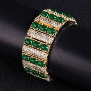 Wholesale Chunky Zircon Bracelet featuring wide paved bar links and oval CZ stones on platinum plated copper from JuneJewelry.com