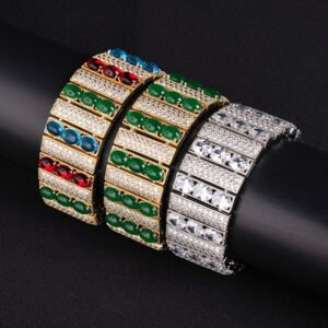 Wholesale Chunky Zircon Bracelet featuring wide paved bar links and oval CZ stones on platinum plated copper from JuneJewelry.com