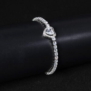 Wholesale Heart Zircon Bracelet featuring a paved heart centerpiece on a tennis chain with platinum plated copper from JuneJewelry.com