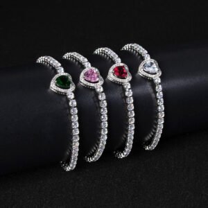 Wholesale Heart Zircon Bracelet featuring a paved heart centerpiece on a tennis chain with platinum plated copper from JuneJewelry.com
