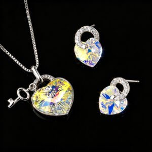 Wholesale key heart jewelry set made of platinum plated copper with AB heart Swarovski element crystals and key charm from JuneJewelry.com.