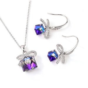 Wholesale ribbon crystal jewelry set featuring platinum plated copper with blue-purple cube Swarovski element crystals from JuneJewelry.com.