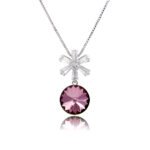 Wholesale crystal snowflake pendant necklace featuring round faceted Swarovski element crystal, cubic zirconia starburst bale, and palladium plated copper chain from JuneJewelry.com.