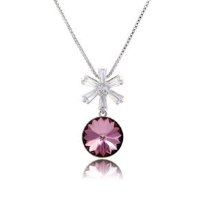 Wholesale crystal snowflake pendant necklace featuring round faceted Swarovski element crystal, cubic zirconia starburst bale, and palladium plated copper chain from JuneJewelry.com.