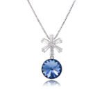 Wholesale crystal snowflake pendant necklace featuring round faceted Swarovski element crystal, cubic zirconia starburst bale, and palladium plated copper chain from JuneJewelry.com.