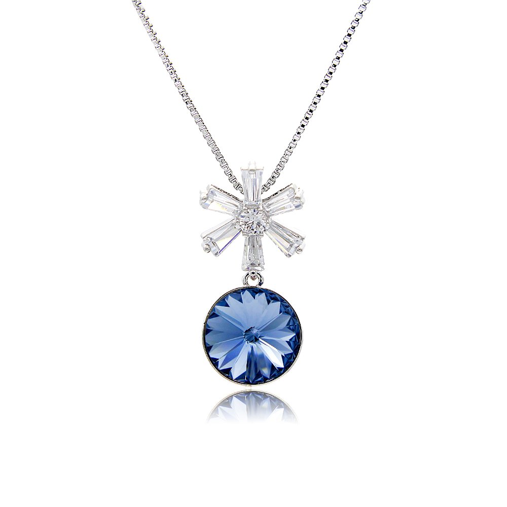 1103350A201.83.A Wholesale crystal snowflake pendant necklace featuring round faceted Swarovski element crystal, cubic zirconia starburst bale, and palladium plated copper chain from JuneJewelry.com.