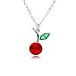 Wholesale crystal cherry pendant necklace featuring round faceted Swarovski element crystal fruit body, green marquise crystal leaf, and palladium plated copper chain from JuneJewelry.com.