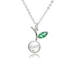Wholesale crystal cherry pendant necklace featuring round faceted Swarovski element crystal fruit body, green marquise crystal leaf, and palladium plated copper chain from JuneJewelry.com.