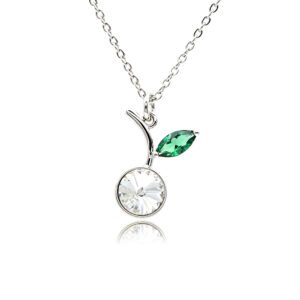 Wholesale crystal cherry pendant necklace featuring round faceted Swarovski element crystal fruit body, green marquise crystal leaf, and palladium plated copper chain from JuneJewelry.com.
