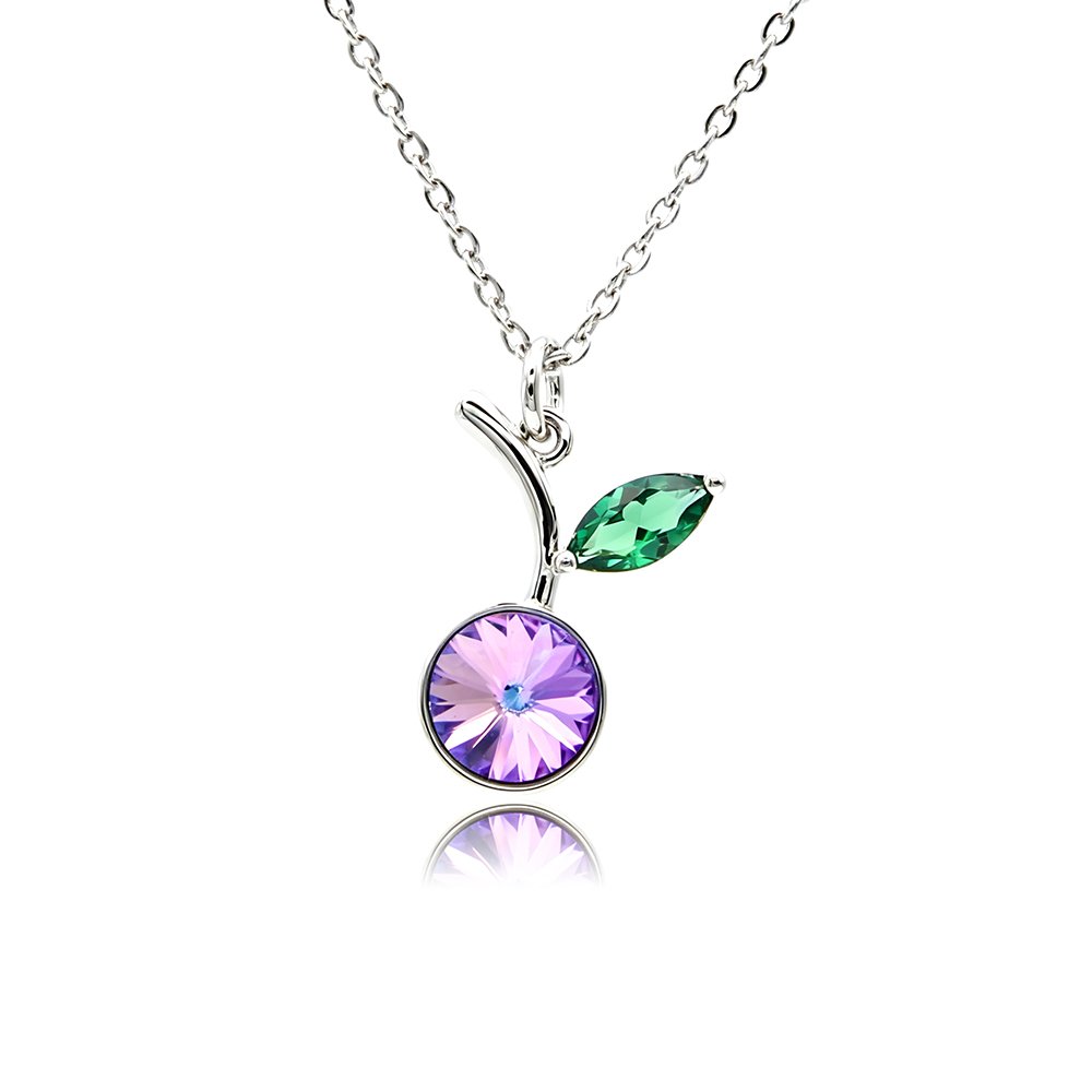 1103549A171.52.A Wholesale crystal cherry pendant necklace featuring round faceted Swarovski element crystal fruit body, green marquise crystal leaf, and palladium plated copper chain from JuneJewelry.com.