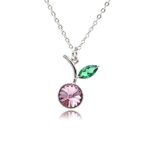 Wholesale crystal cherry pendant necklace featuring round faceted Swarovski element crystal fruit body, green marquise crystal leaf, and palladium plated copper chain from JuneJewelry.com.