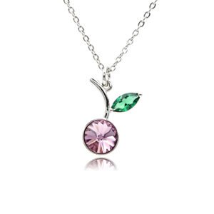 Wholesale crystal cherry pendant necklace featuring round faceted Swarovski element crystal fruit body, green marquise crystal leaf, and palladium plated copper chain from JuneJewelry.com.
