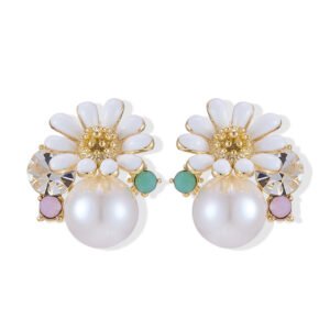 Gold-plated flower stud earrings featuring a white enamel daisy blooming over a smooth faux pearl, accented with a faceted crystal, turquoise bead, and lavender stone.