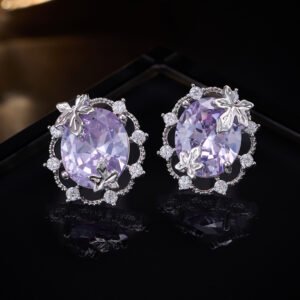 Maple leaf oval cubic zirconia stud earrings with micro-paved scalloped halo border and 925 sterling silver posts