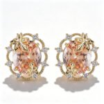 Maple leaf oval cubic zirconia stud earrings with micro-paved scalloped halo border and 925 sterling silver posts
