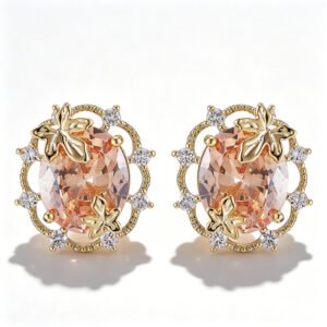 Maple leaf oval cubic zirconia stud earrings with micro-paved scalloped halo border and 925 sterling silver posts