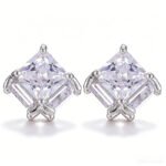 Princess cut geometric CZ stud earrings featuring 3D square cube prong settings and 925 sterling silver posts