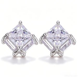 Princess cut geometric CZ stud earrings featuring 3D square cube prong settings and 925 sterling silver posts