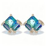 Princess cut geometric CZ stud earrings featuring 3D square cube prong settings and 925 sterling silver posts