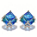 Princess cut geometric CZ stud earrings featuring 3D square cube prong settings and 925 sterling silver posts
