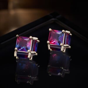 Princess cut geometric CZ stud earrings featuring 3D square cube prong settings and 925 sterling silver posts