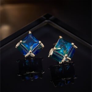 Princess cut geometric CZ stud earrings featuring 3D square cube prong settings and 925 sterling silver posts