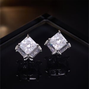 Princess cut geometric CZ stud earrings featuring 3D square cube prong settings and 925 sterling silver posts