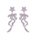 Pink ribbon star CZ drop earrings featuring micro-pave pave bow dangle ribbons, pink crystal star stud top, and 925 sterling silver posts.