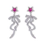 Pink ribbon star CZ drop earrings featuring micro-pave pave bow dangle ribbons, pink crystal star stud top, and 925 sterling silver posts.