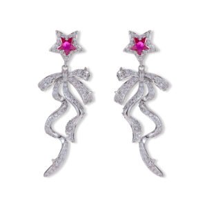 Pink ribbon star CZ drop earrings featuring micro-pave pave bow dangle ribbons, pink crystal star stud top, and 925 sterling silver posts.