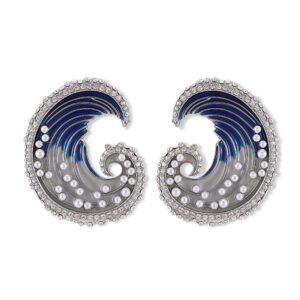 Ocean wave enamel earrings featuring a micro-paved CZ border, gradient enamel swirl, freshwater pearl seafoam accents, and 925 sterling silver posts