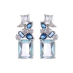 Geometric CZ cluster drop earrings featuring a bouquet of mixed-cut cubic zirconia and a large emerald-cut center gem with 925 sterling silver posts