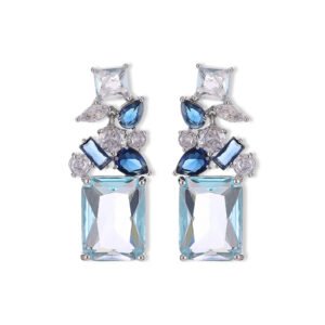 Geometric CZ cluster drop earrings featuring a bouquet of mixed-cut cubic zirconia and a large emerald-cut center gem with 925 sterling silver posts
