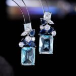 Geometric CZ cluster drop earrings featuring a bouquet of mixed-cut cubic zirconia and a large emerald-cut center gem with 925 sterling silver posts