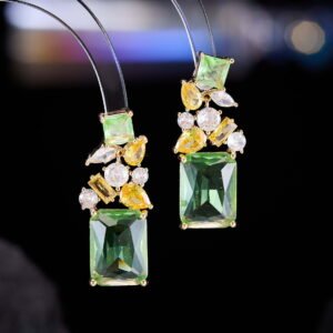 Geometric CZ cluster drop earrings featuring a bouquet of mixed-cut cubic zirconia and a large emerald-cut center gem with 925 sterling silver posts