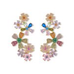 Colorful floral CZ cluster earrings featuring multi-color cubic zirconia flower blossoms set on an 18K gold-plated brass base with 925 sterling silver posts.