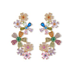 Colorful floral CZ cluster earrings featuring multi-color cubic zirconia flower blossoms set on an 18K gold-plated brass base with 925 sterling silver posts.