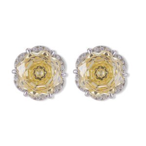 Rose-cut CZ floral stud earrings featuring round rose-faceted center stones framed in micro-pavé CZ scalloped borders, available in soft pink and champagne yellow.