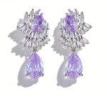Teardrop CZ crystal drop earrings featuring fan-shaped baguette crystal halos, pear-cut focal stones, and hypoallergenic 925 sterling silver posts.