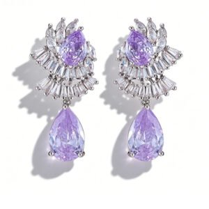 Teardrop CZ crystal drop earrings featuring fan-shaped baguette crystal halos, pear-cut focal stones, and hypoallergenic 925 sterling silver posts.