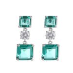 Square crystal drop earrings featuring geometric princess-cut gem drops, round CZ center accents, and 925 sterling silver ear posts.