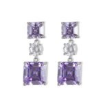 Square crystal drop earrings featuring geometric princess-cut gem drops, round CZ center accents, and 925 sterling silver ear posts.