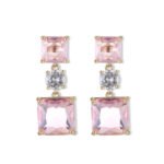 Square crystal drop earrings featuring geometric princess-cut gem drops, round CZ center accents, and 925 sterling silver ear posts.