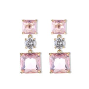 Square crystal drop earrings featuring geometric princess-cut gem drops, round CZ center accents, and 925 sterling silver ear posts.